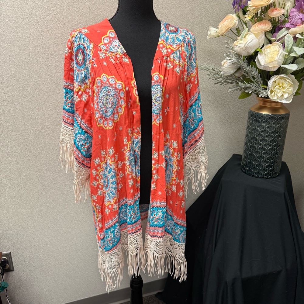 Umgee USA M/L Boho Coral Kimono with Crochet Fringe Trim Festival Layering Top